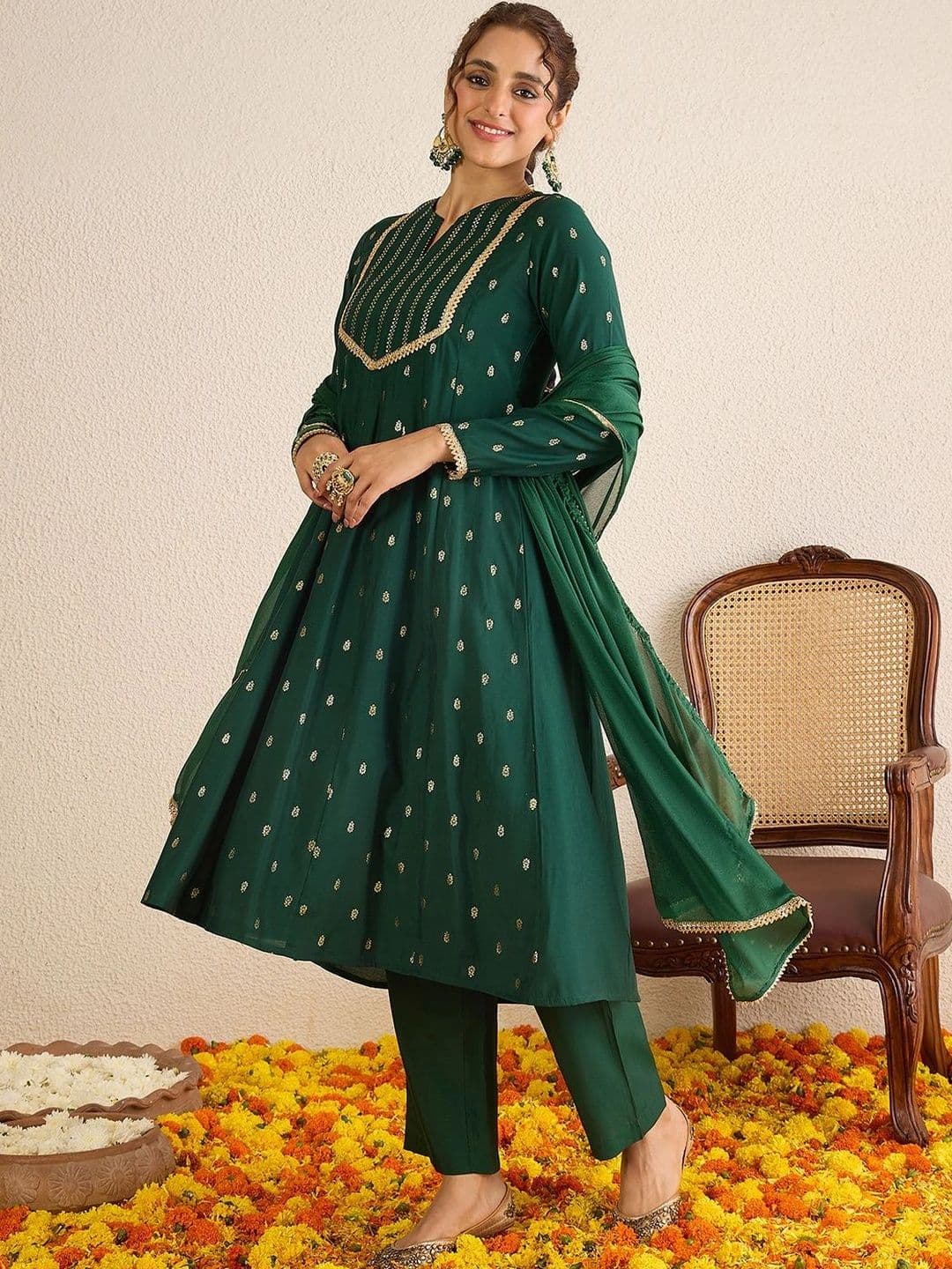Janasya Women Floral Empire Gotta Patti Chanderi Silk Kurta with Trousers & With Dupatta - view 1