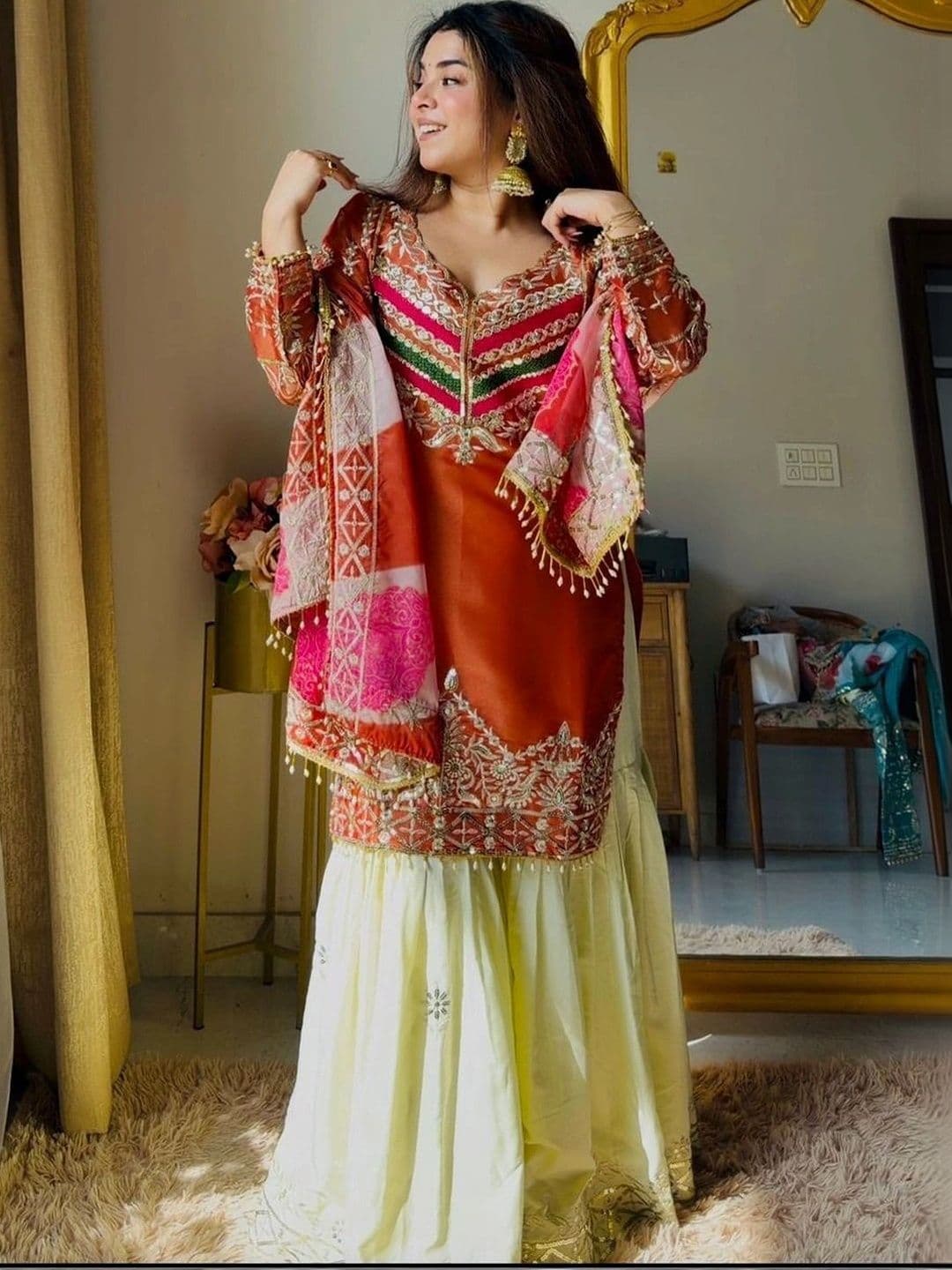 OASIS MART Women Ethnic Motifs Embroidered Work Kurta with Sharara & With Dupatta - view 1