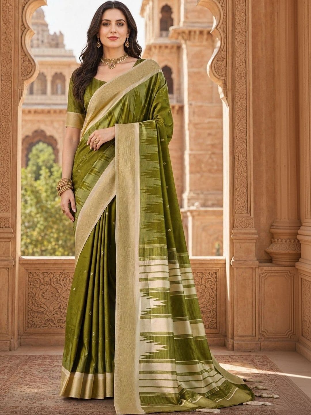 ELINA FASHION & HOME Striped Silk Blend Ikat Saree - view 1