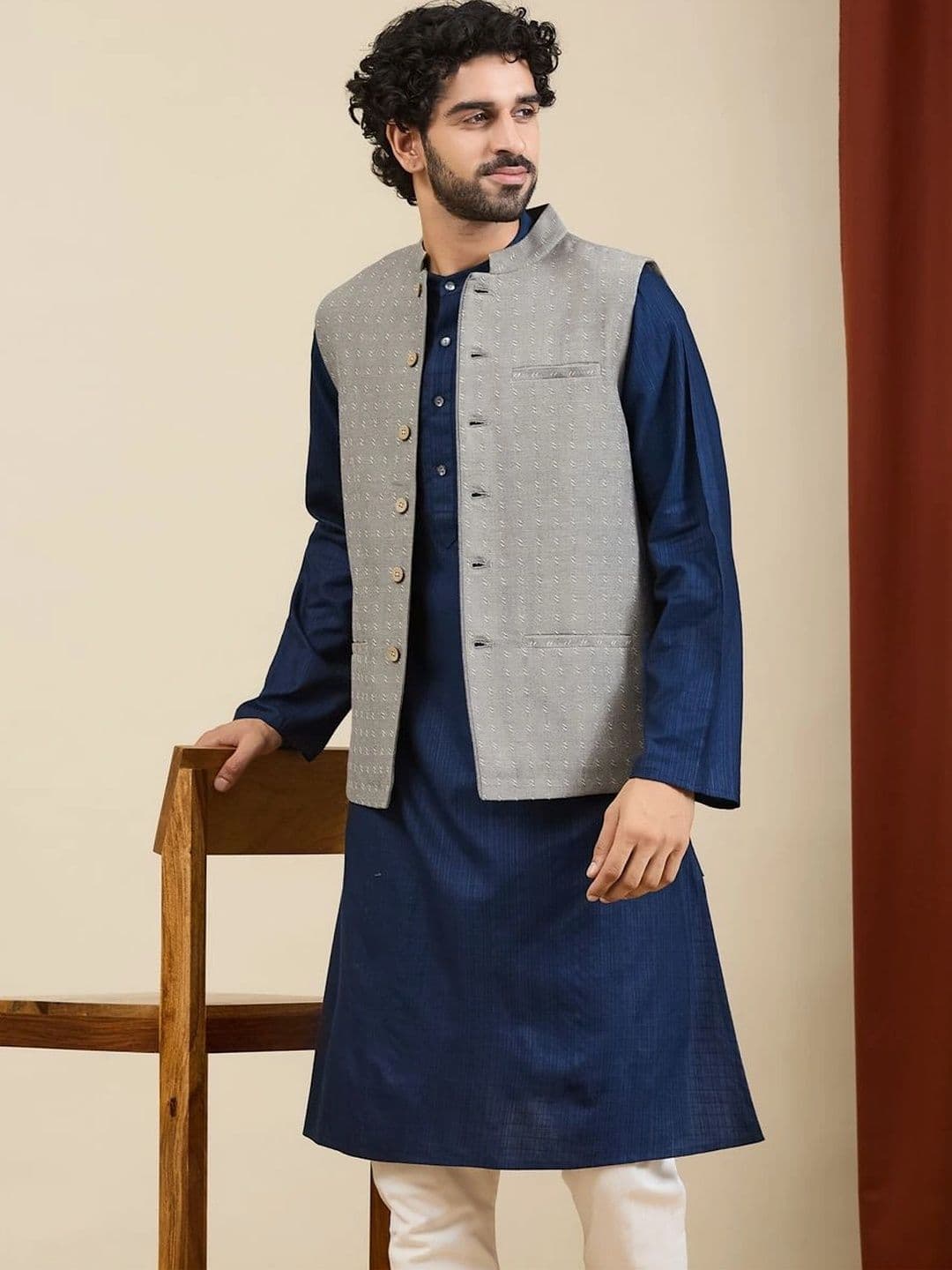 Fabindia Woven Design Cotton Nehru Jackets - view 1