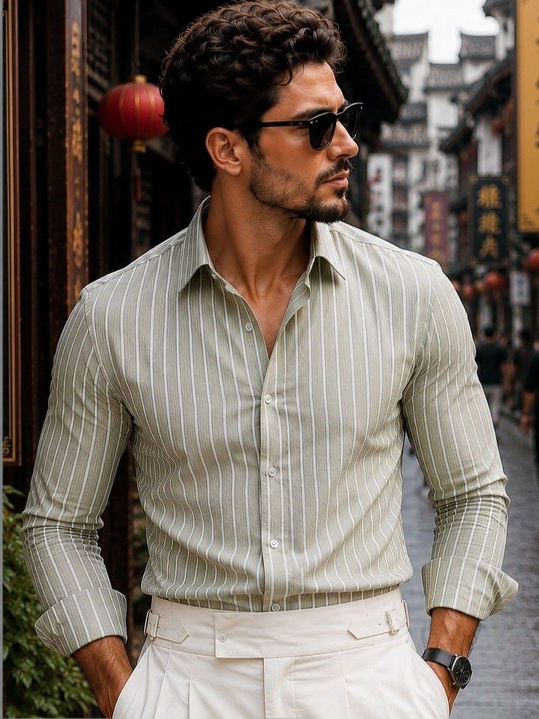Foomer Men Standard Vertical Striped Spread Collar Cotton Casual Shirt - view 1