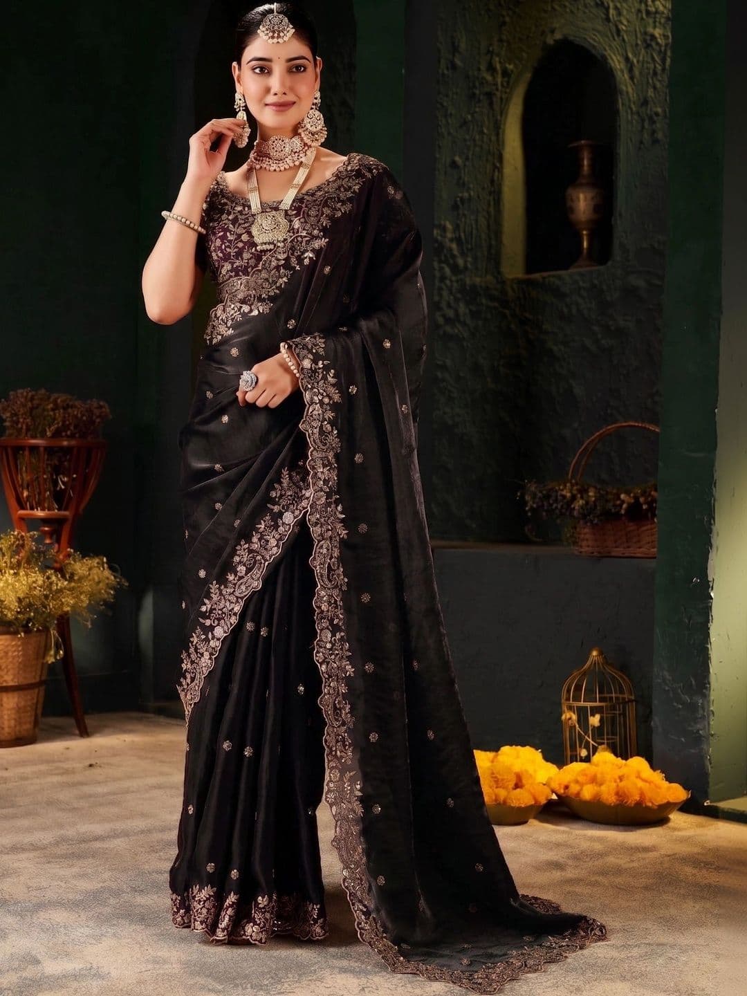 Sakifashion Floral Embroidered Satin Saree - view 1