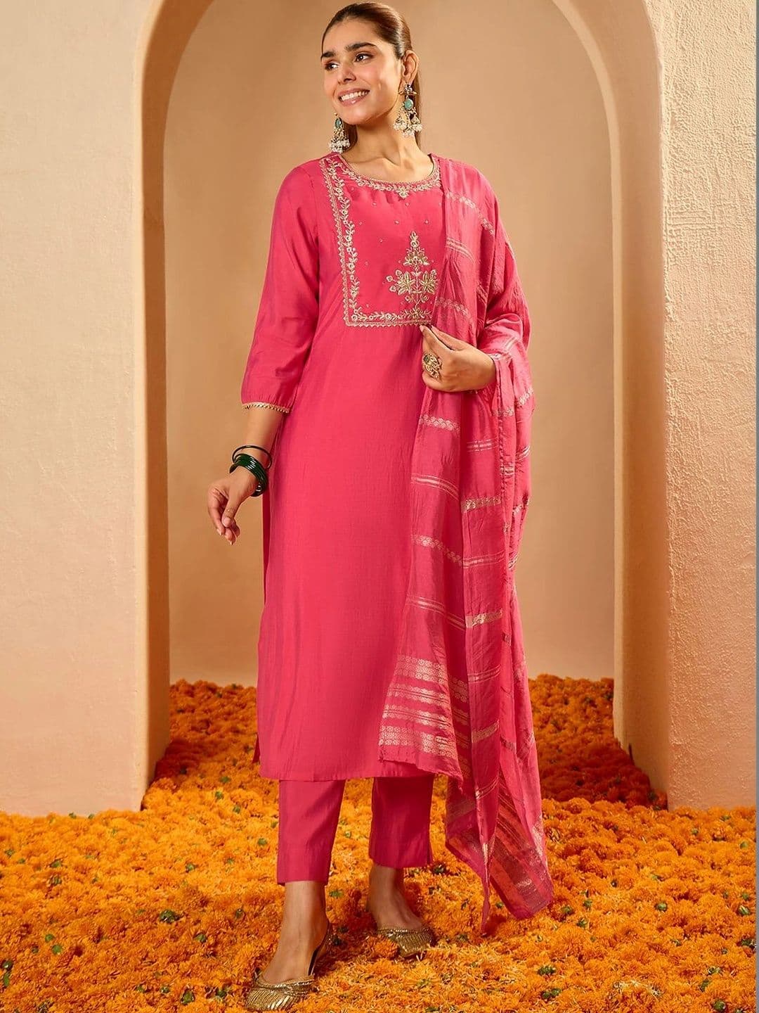 Janasya Women Ethnic Motifs Embroidered Regular Gotta Patti Chanderi Silk Kurta with Trousers & With Dupatta - view 1