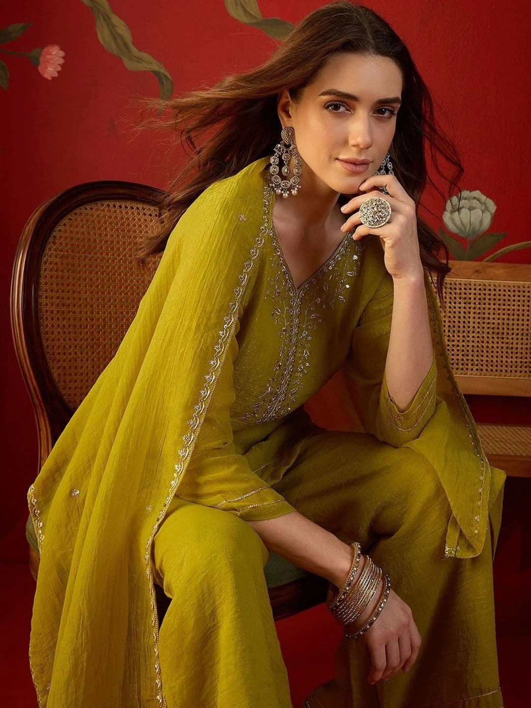 Sangria Women Ethnic Motifs Embroidered Regular Thread Work Silk Chiffon Kurta with Palazzos & With Dupatta - view 1