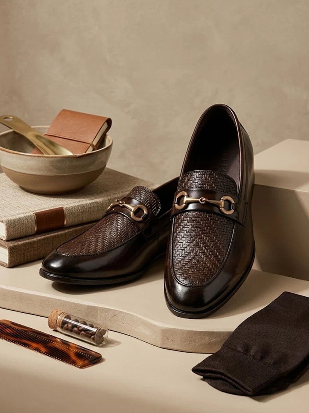 House of Pataudi Men Textured Round Toe Formal Slip-On Loafers - view 1