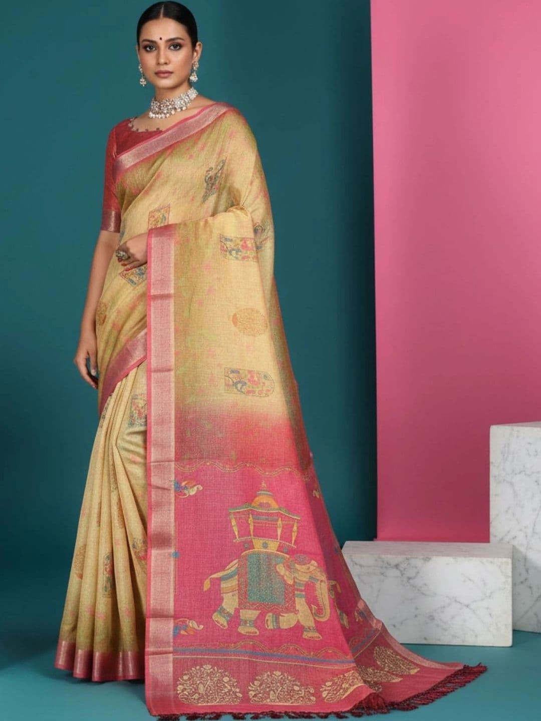 ZAMUNA Floral Zari Pure Linen Designer Saree - view 1