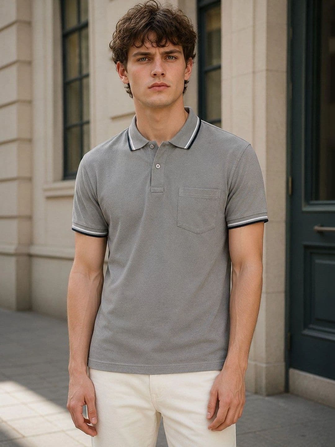 Here&Now Men Grey Short Sleeve Polo Cotton T-Shirt With Pocket-Contrast Tipped Collar Top - view 1