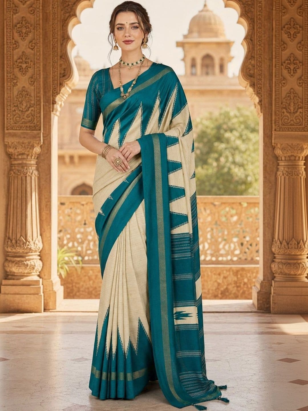 ELINA FASHION & HOME Striped Zari Silk Blend Ikat Saree - view 1