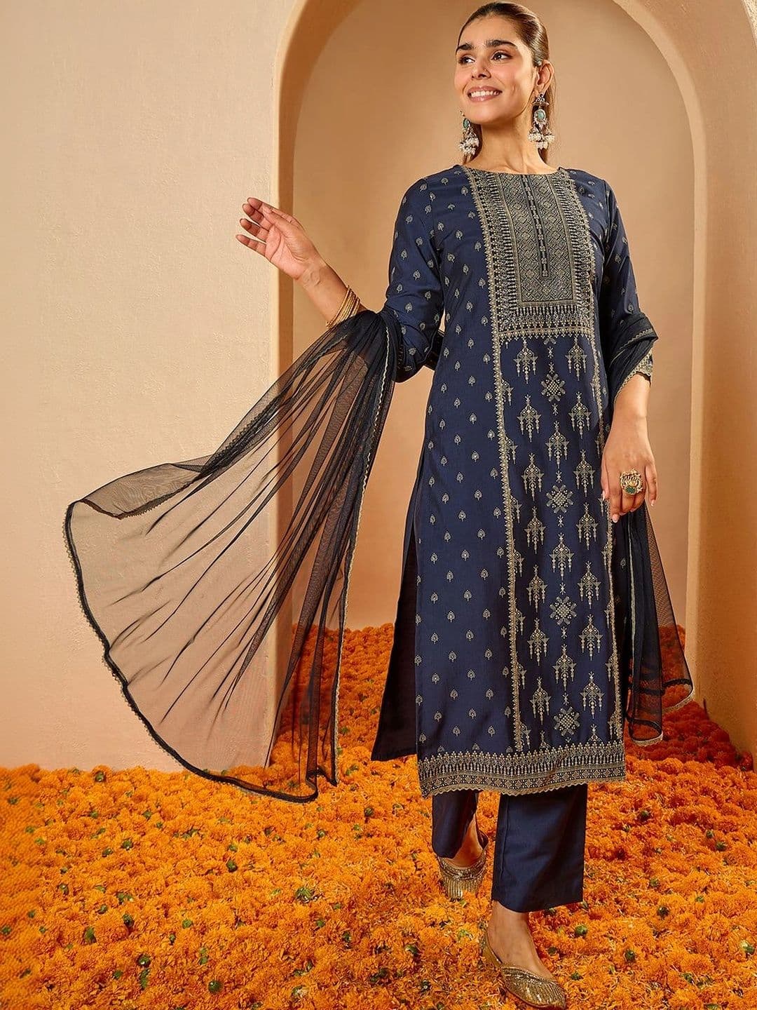 Janasya Women Ethnic Motifs Printed Regular Kurta with Trousers & With Dupatta - view 1