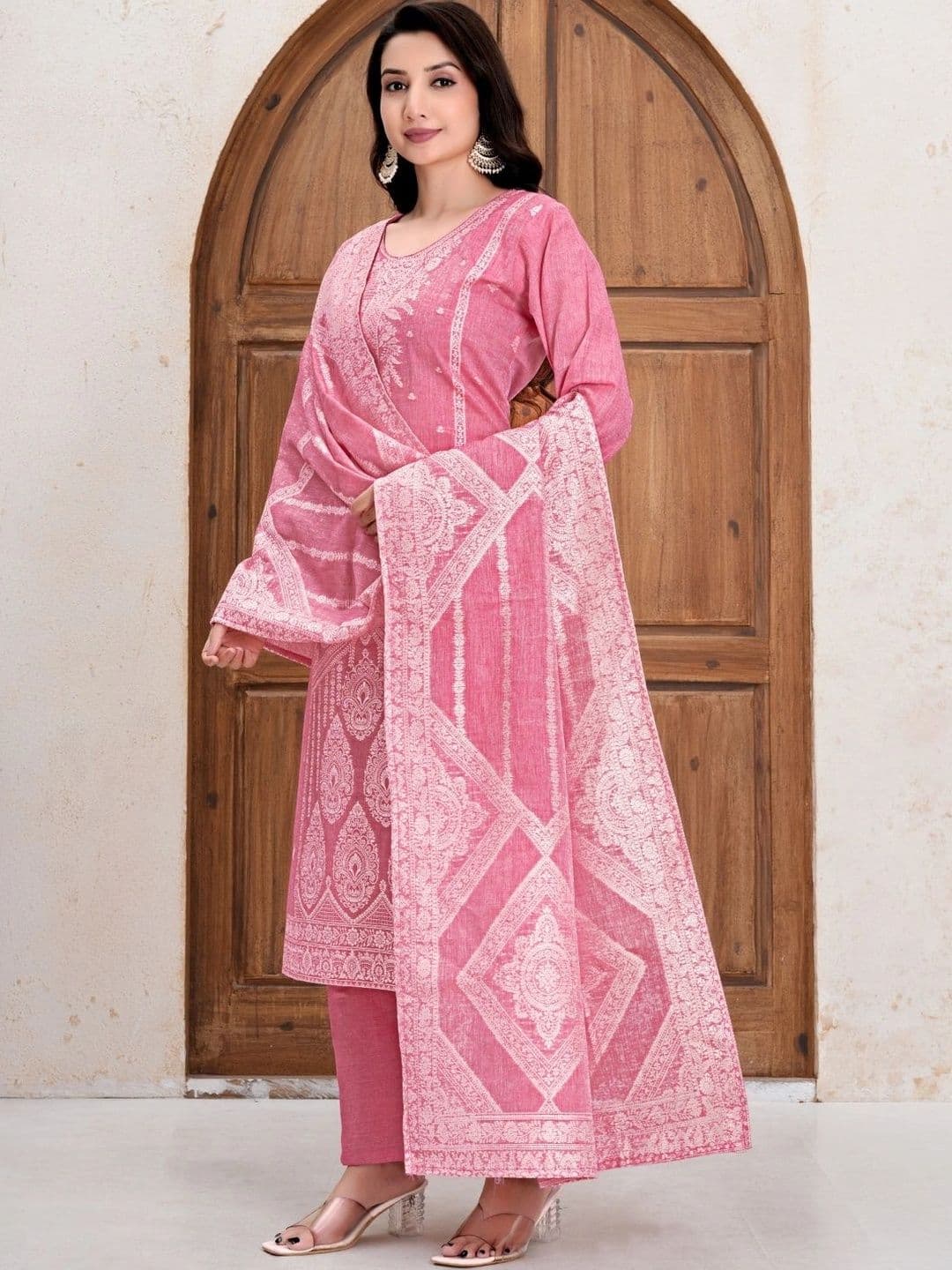 YAROSHI FASHION Dark Pink Jacquard Cotton A-Line 3/4 Sleeve Kurta with Trouser & Dupatta - view 1