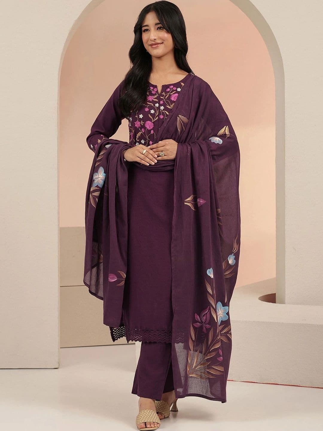 Libas Women Floral Embroidered Regular Thread Work Kurta with Trousers & With Dupatta - view 1