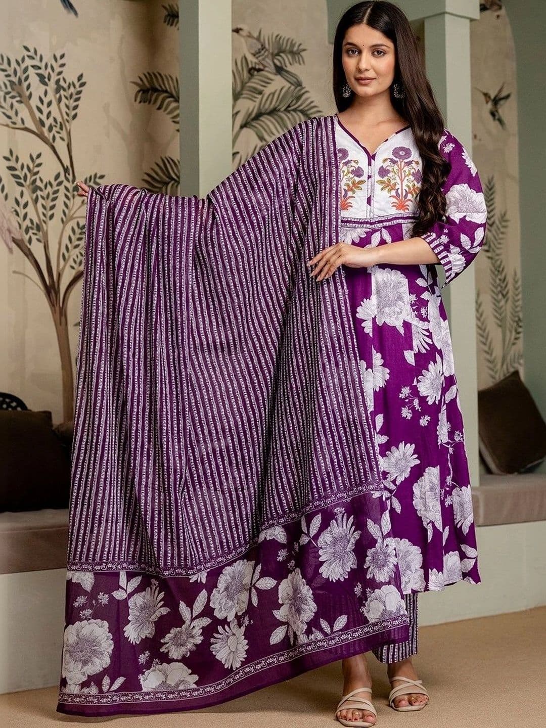 Tvastha Women Floral Printed Regular Pure Cotton Kurta with Trousers & With Dupatta - view 1