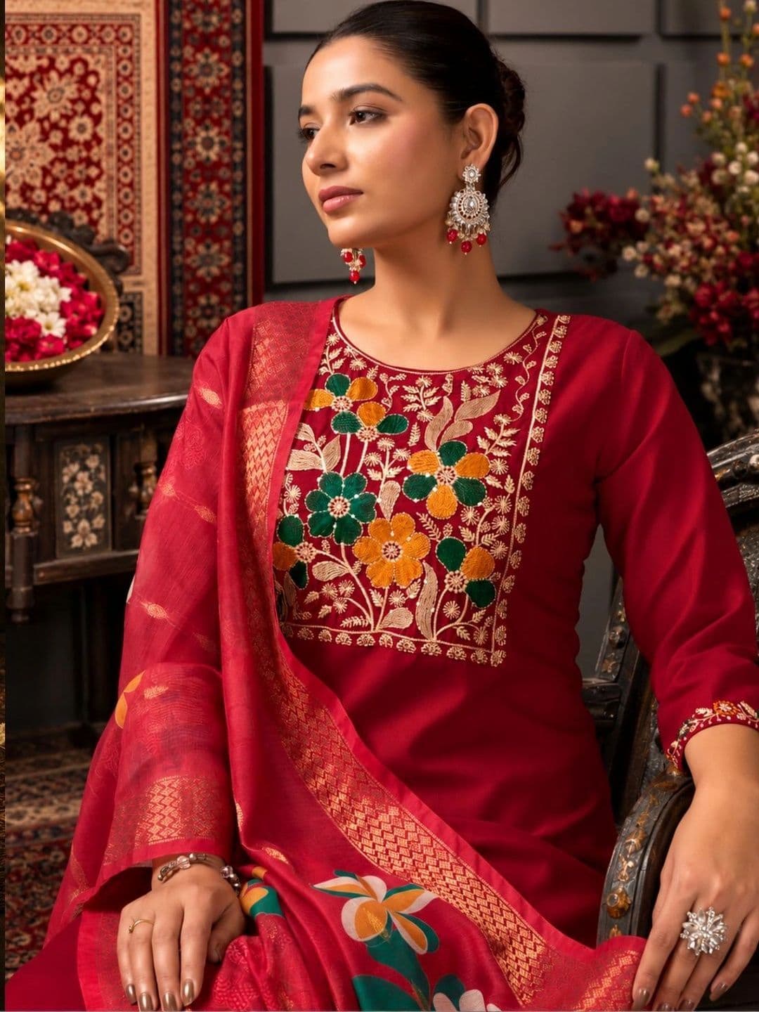PAUSE Women Ethnic Motifs Embroidered Regular Thread Work Kurta with Trousers & With Dupatta - view 1