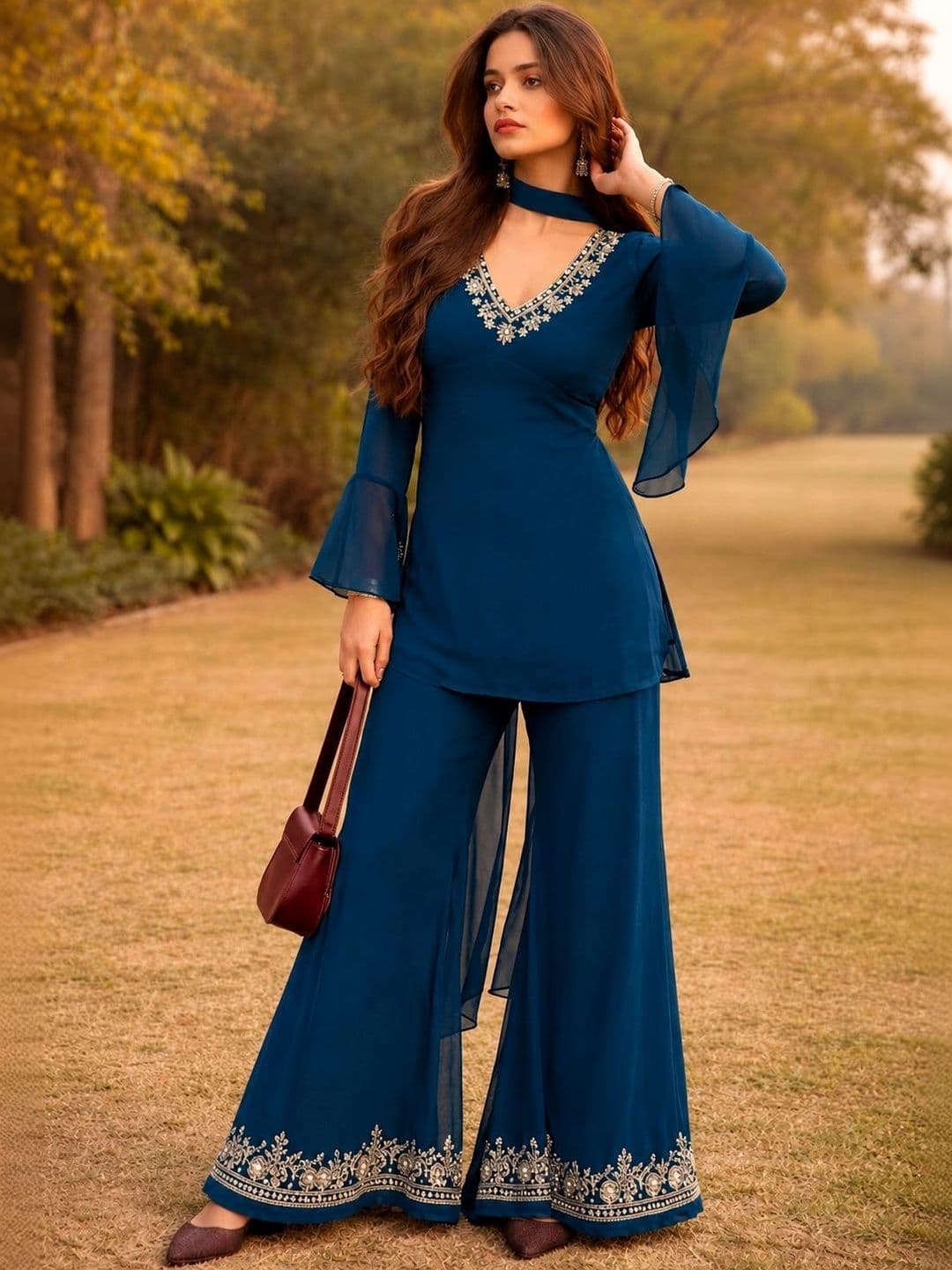 WAZIX Clothing Women Ethnic Motifs Embroidered Regular Kurta with Sharara & With Dupatta - view 1