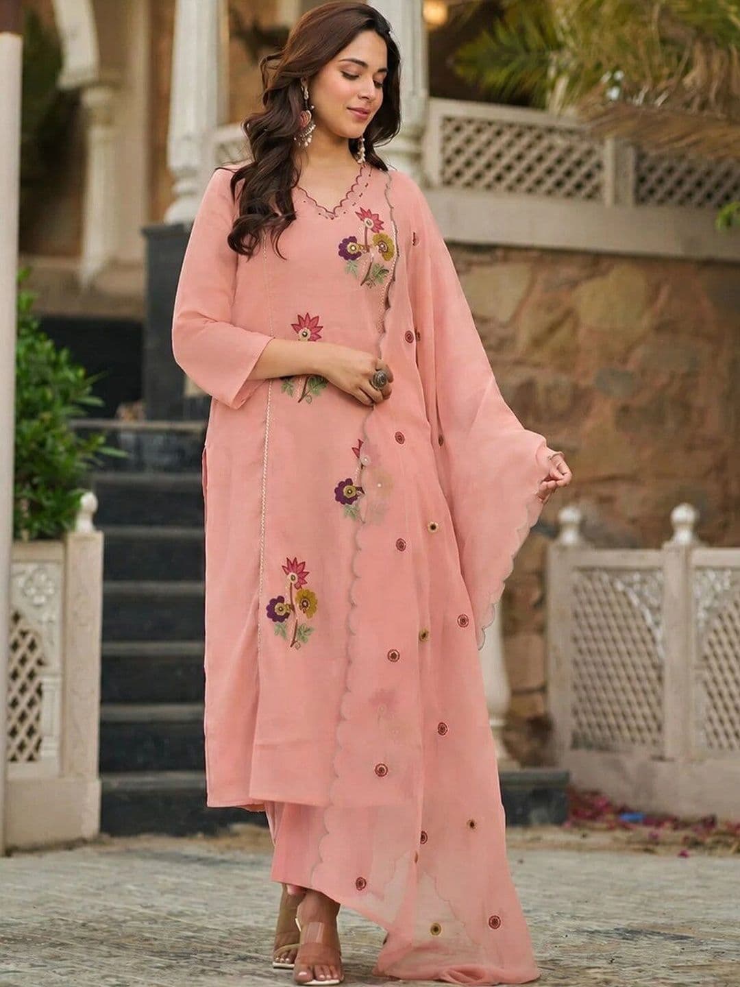MYRIE Women Floral Embroidered Regular Thread Work Raw Silk Kurta with Palazzos & With Dupatta - view 1