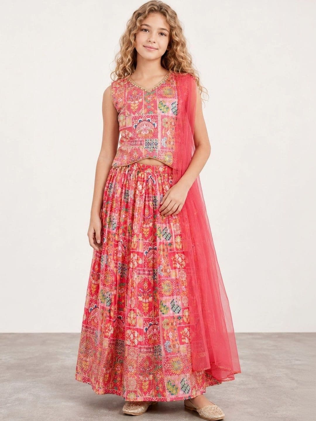 Muhuratam Girls Embellished Foil Print Ready to Wear Lehenga & Blouse With Dupatta - view 1