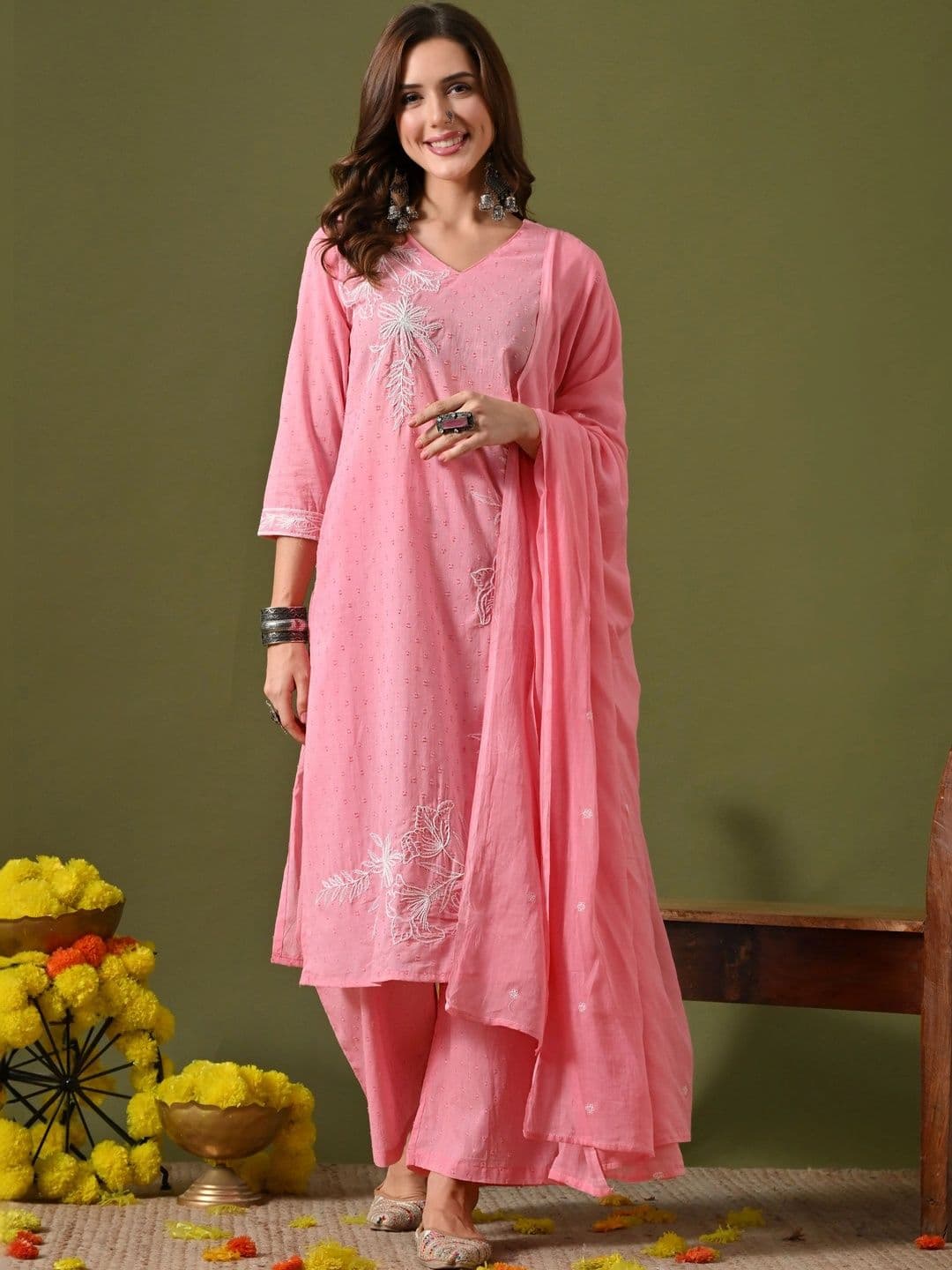 Anouk Women Ethnic Motifs Embroidered Regular Thread Work Pure Cotton Kurta with Palazzos & With Dupatta - view 1