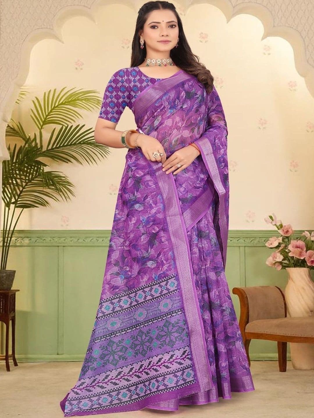 JIVIKA Floral Silk Cotton Kanjeevaram Saree - view 1