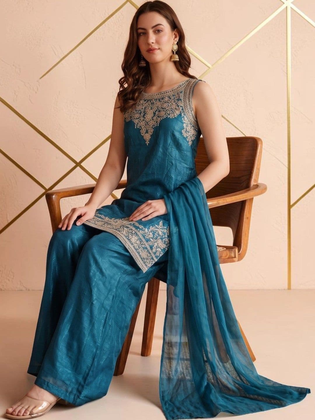 all about you Women Ethnic Motifs Embroidered Regular Thread Work Kurta with Palazzos & With Dupatta - view 1