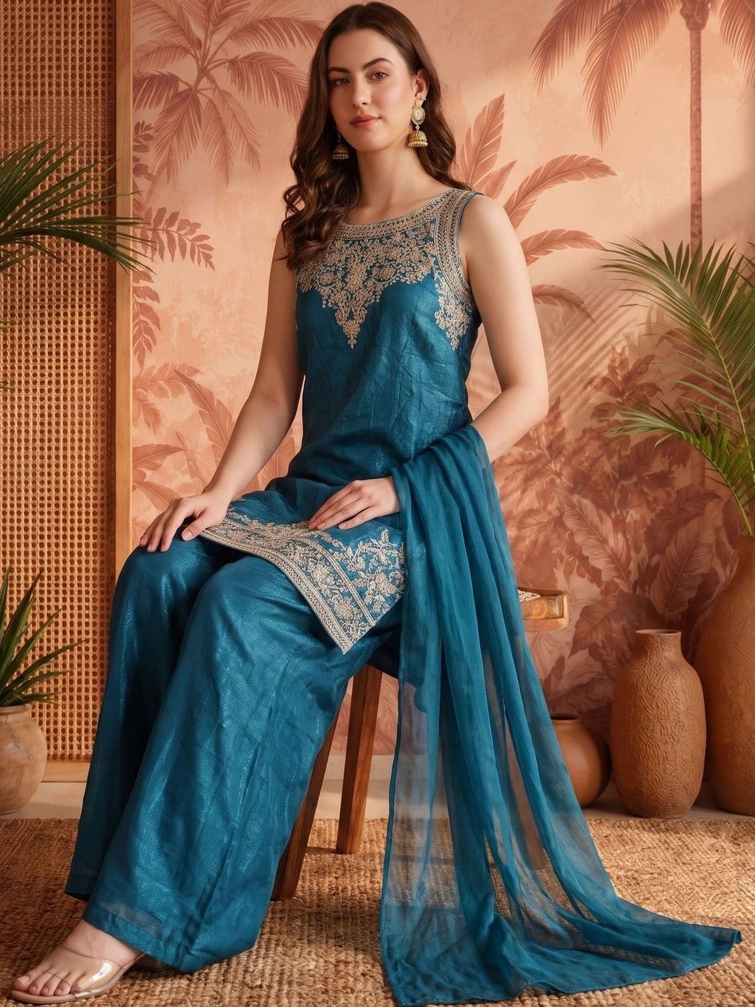 Sangria Women Ethnic Motifs Embroidered Regular Thread Work Kurta with Palazzos & With Dupatta - view 1