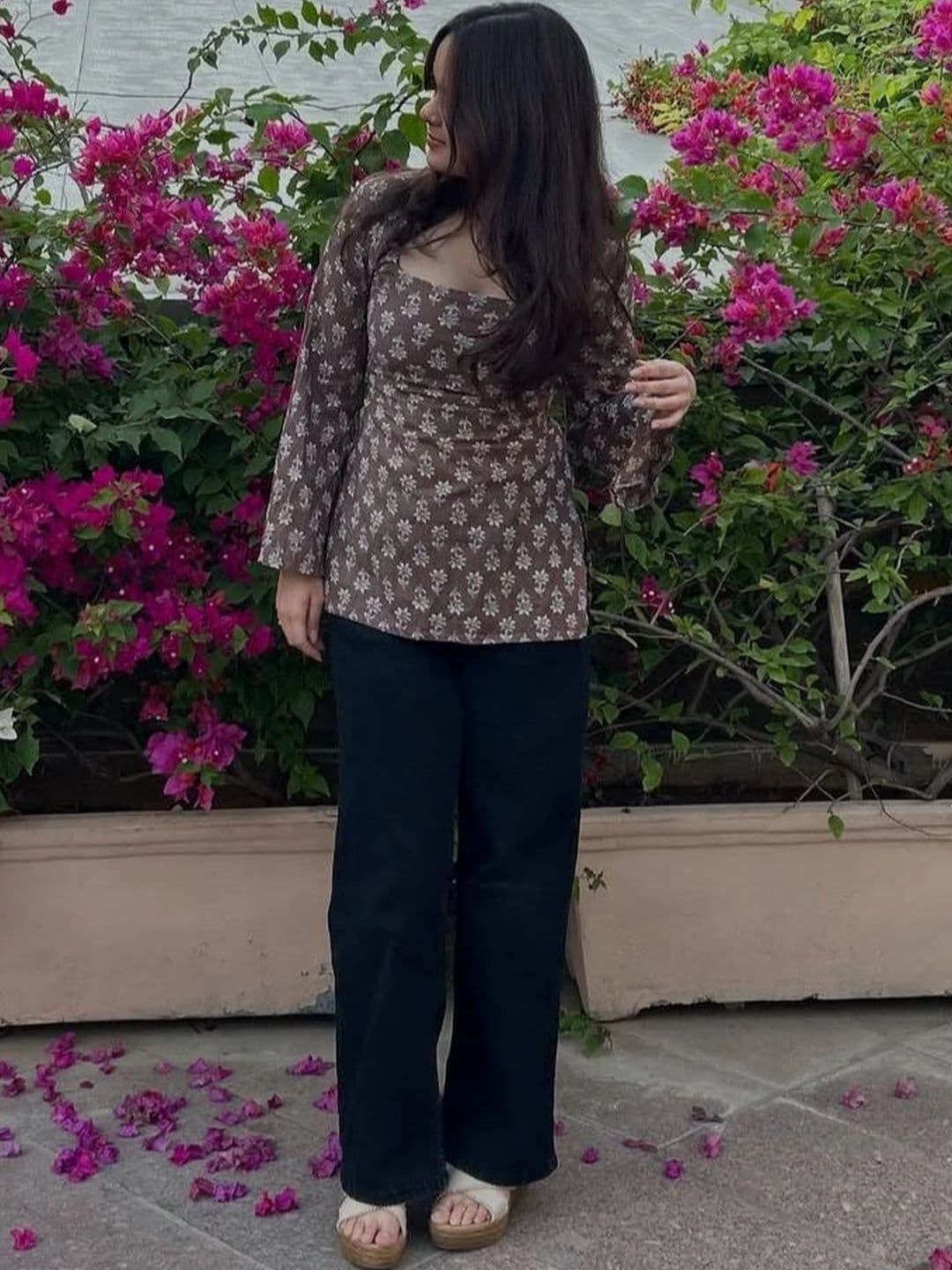 Sangria Floral Printed Square Neck Flared Sleeves Kurti - view 1
