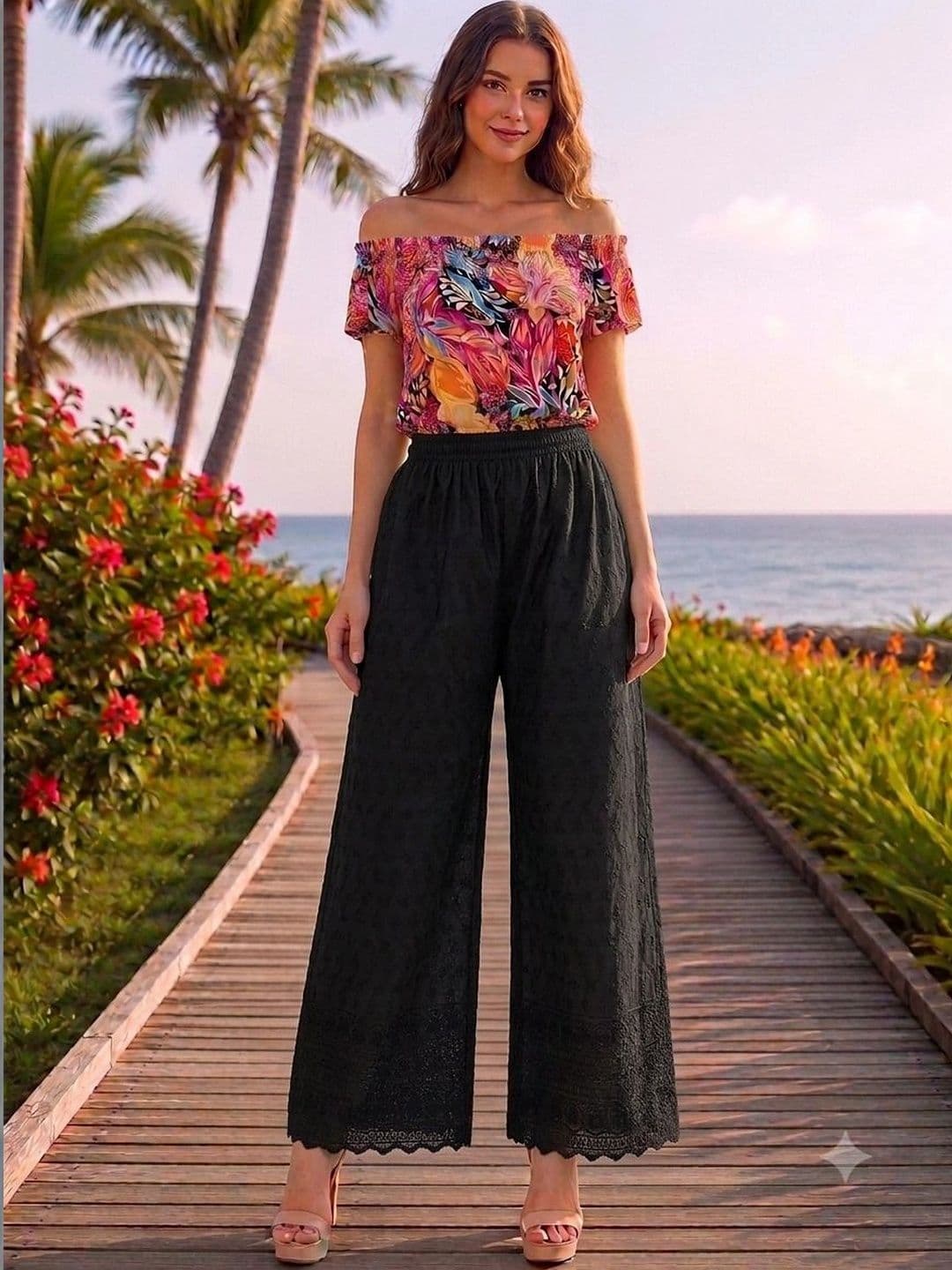 Fashionable Women Embroidered Knitted Palazzos - view 1
