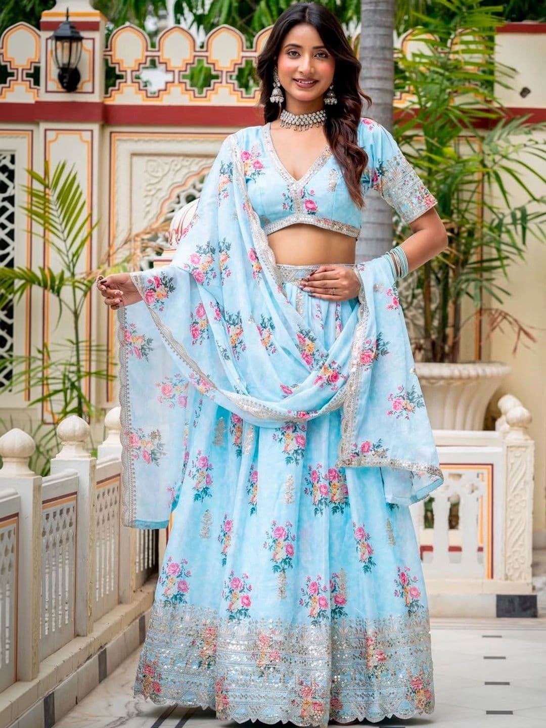 JIHU CULTURE Printed Sequinned Semi-Stitched Lehenga & Unstitched Blouse Taping - view 1