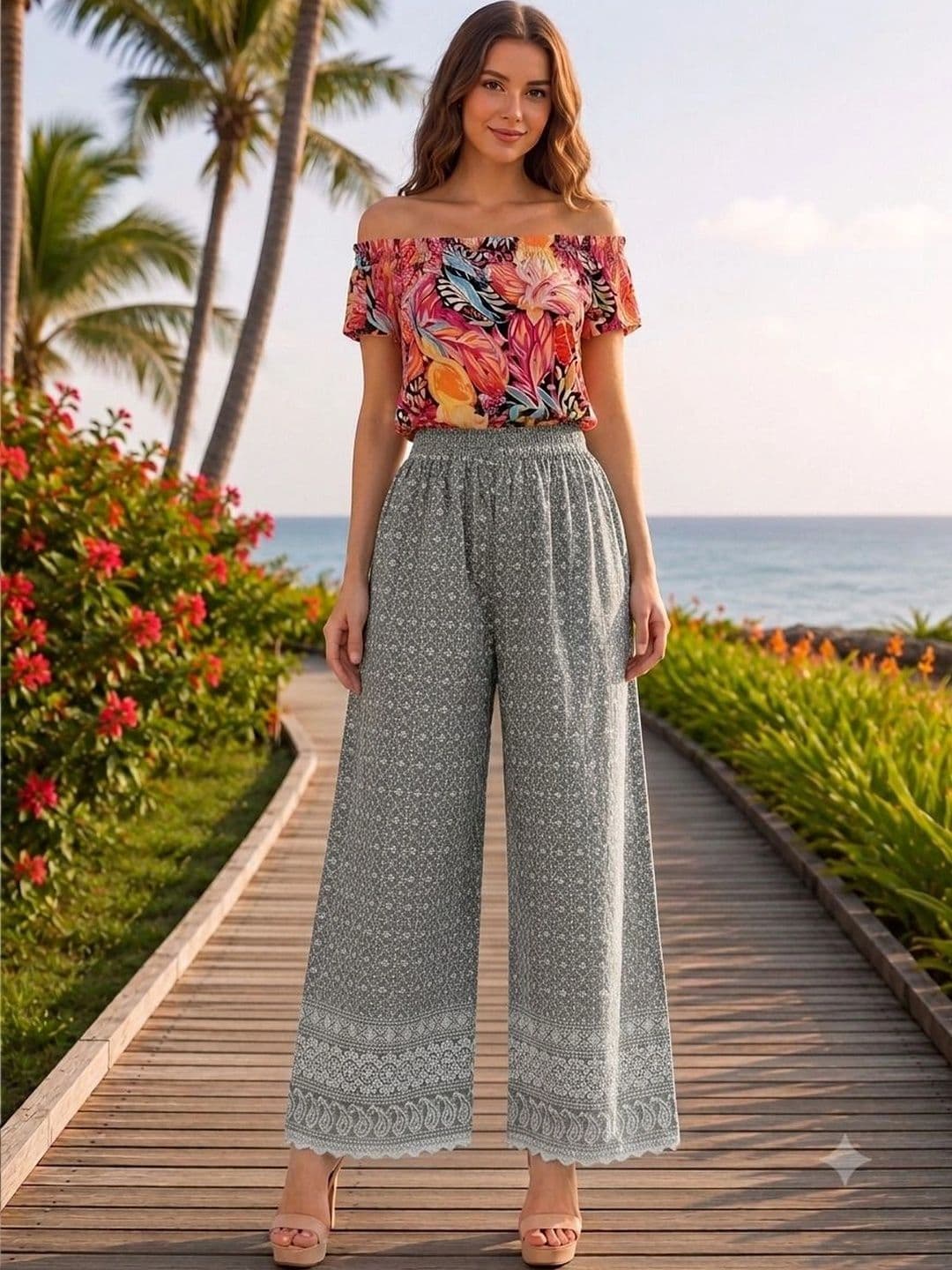 Fashionable Women Printed Knitted Palazzos - view 1