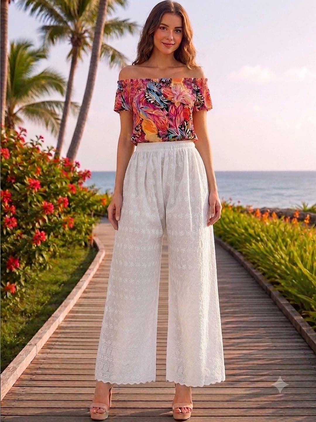 Fashionable Women Embroidered Knitted Palazzos - view 1