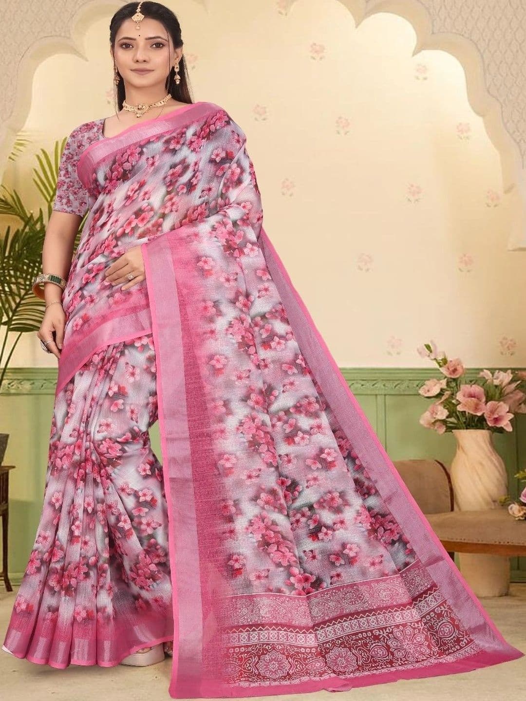 JIVIKA Floral Silk Cotton Kanjeevaram Saree - view 1