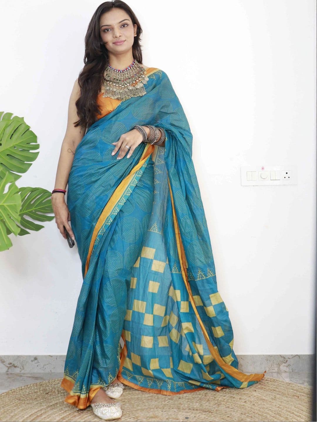 KALINI Floral Pure Cotton Fusion Block Print Saree - view 1