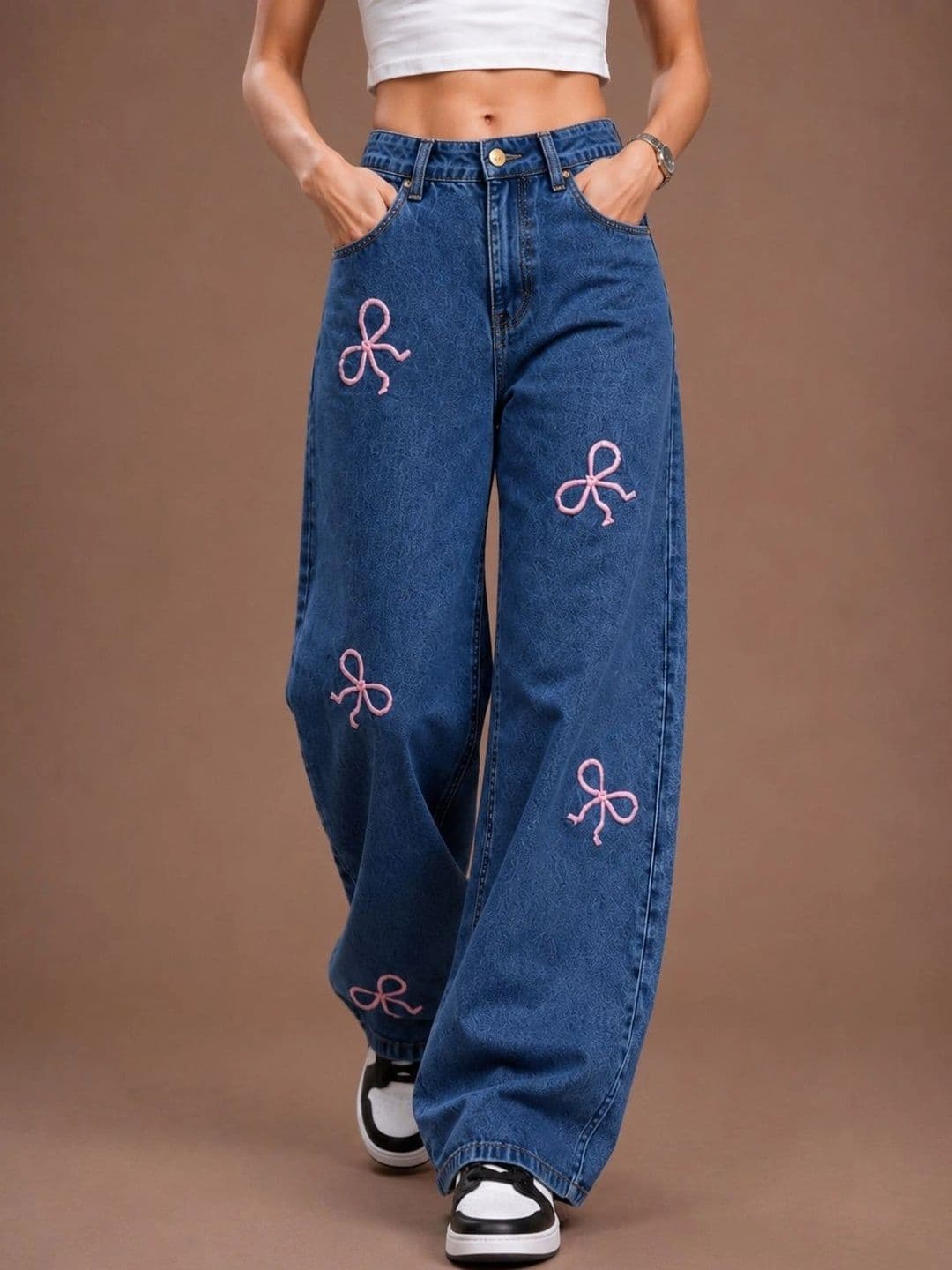 glitchez Women Comfort Wide Leg High-Rise Light Fade Embroidered Stretchable Jeans - view 1