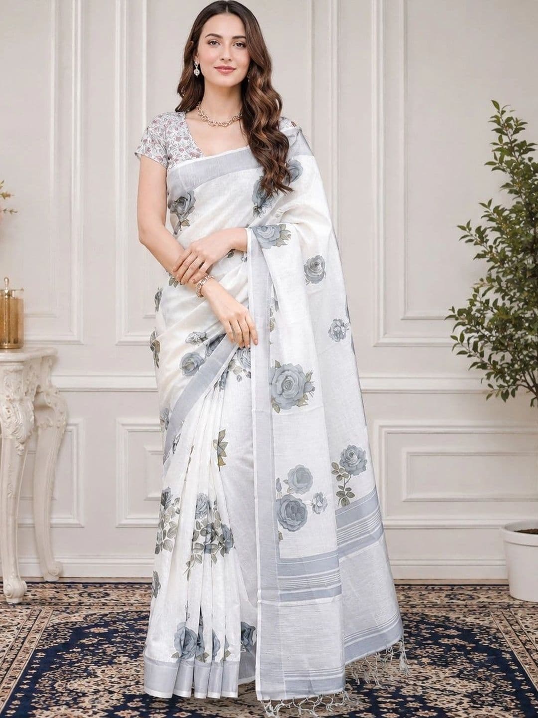 KALINI Floral Zari Linen Blend Handloom Block Print Saree - view 1
