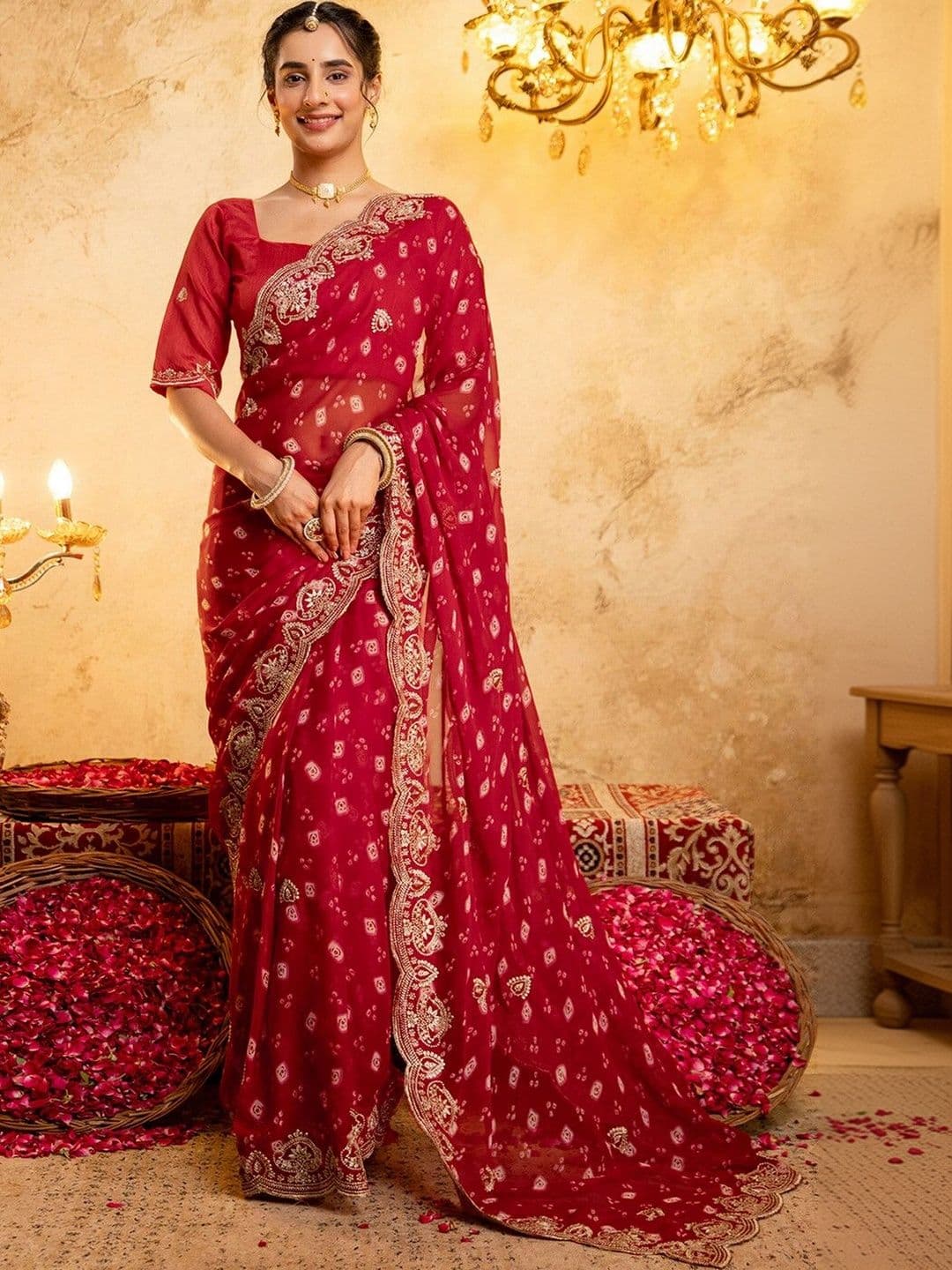 KALINI Bandhani Embroidered Pure Georgette Fusion Bandhani Saree - view 1
