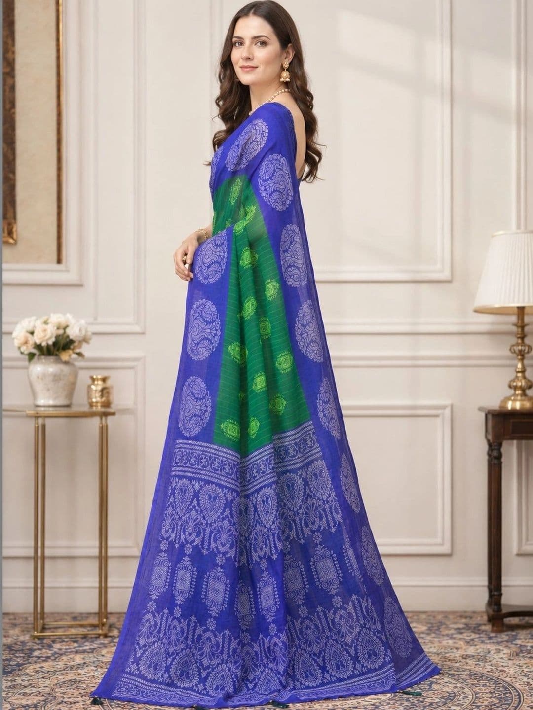 HERE&NOW Woven Design Zari Linen Blend Handloom Block Print Saree - view 1