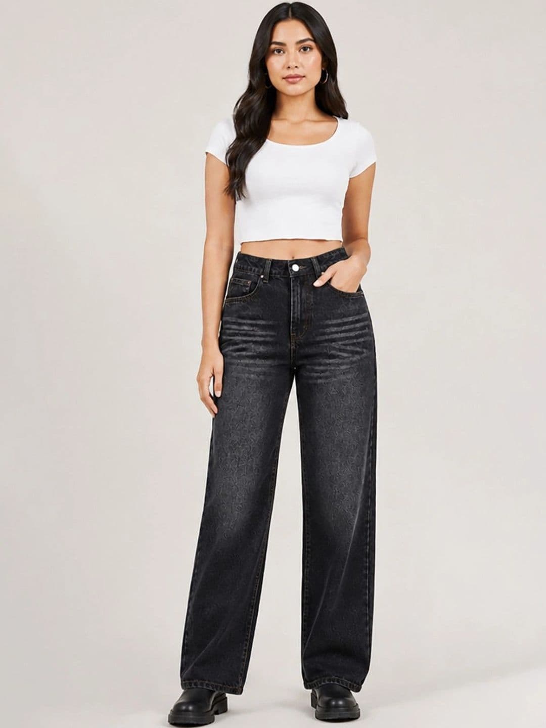 Stylecast X Kotty Women Wide Leg High-Rise Low Distress Jeans - view 1