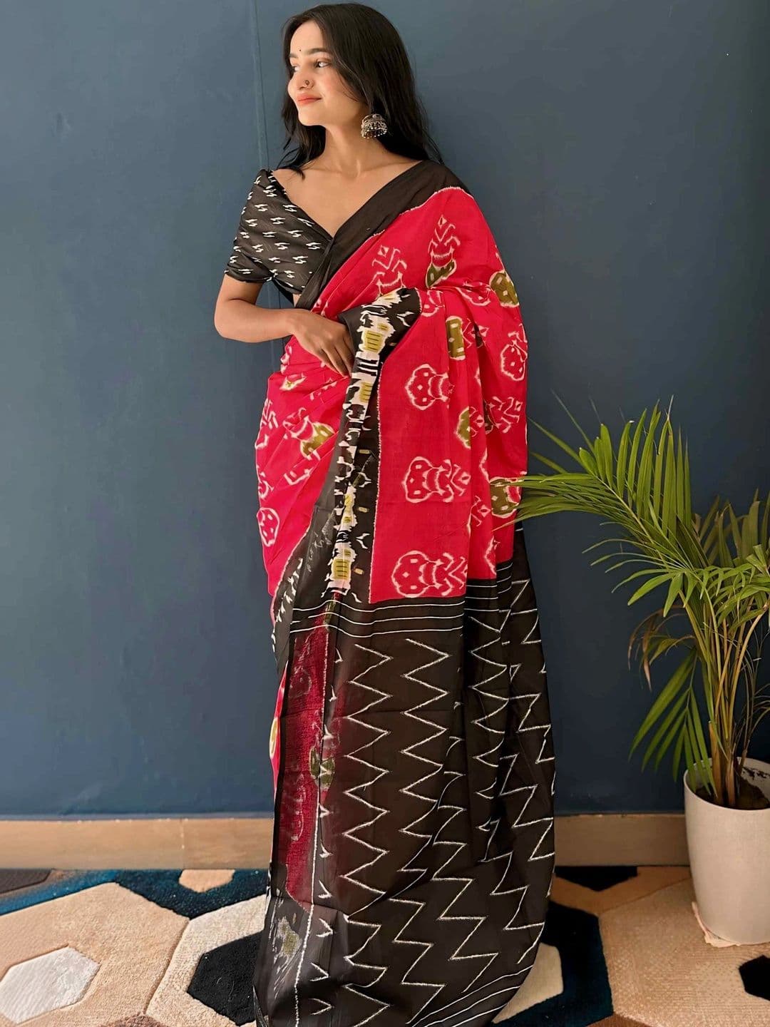 KALINI Floral Pure Cotton Fusion Block Print Saree - view 1