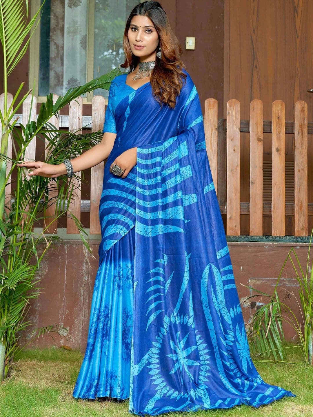 KALINI Striped Pure Cotton Fusion Block Print Saree - view 1