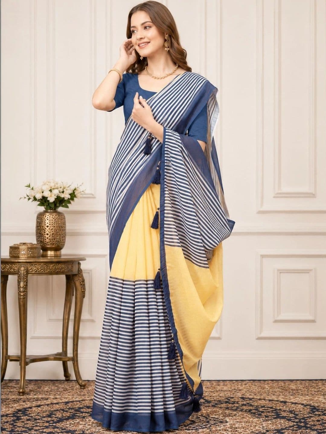 HERE&NOW Striped Zari Linen Blend Handloom Block Print Saree - view 1