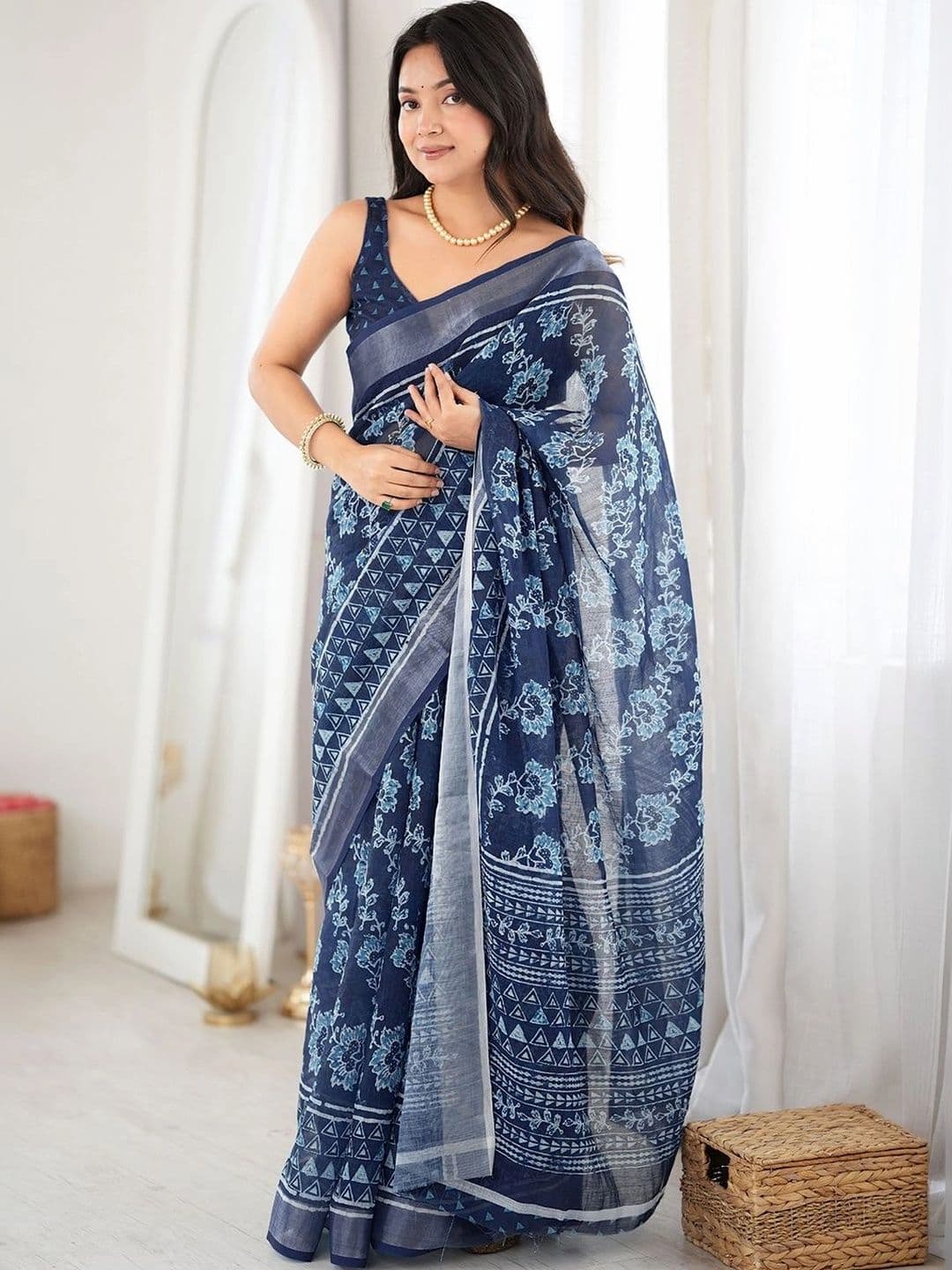 THREAD BOX Women's Navy Blue Cotton Linen Floral Printed Saree with Blouse Piece - view 1
