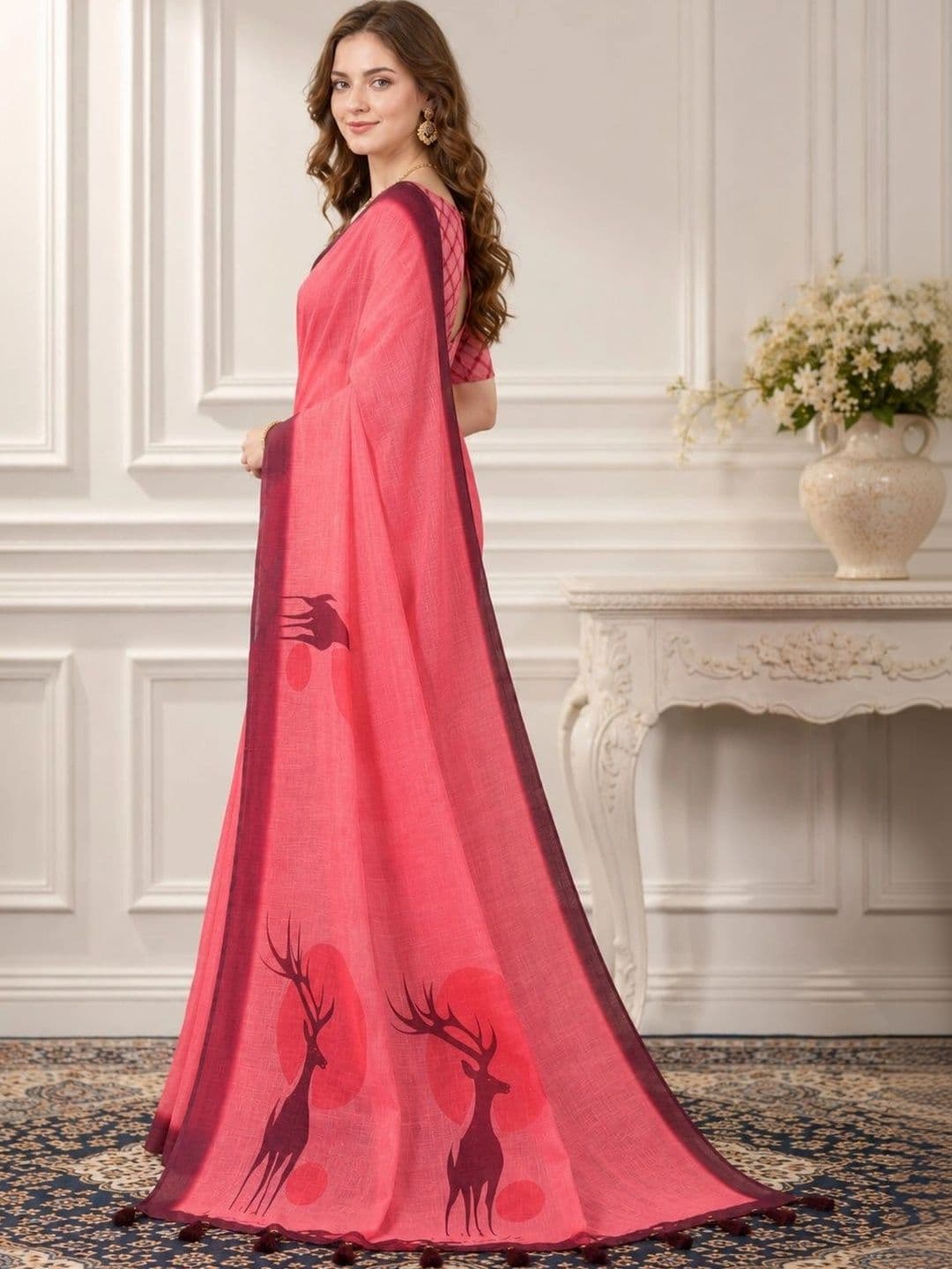 V3 FASHION STUDIO Ethnic Motifs Zari Linen Blend Handloom Block Print Saree - view 1