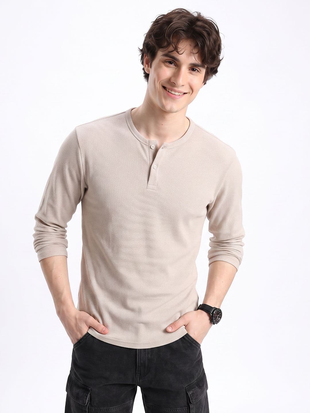 Aeropostale Self Design Henley Neck Pure Cotton T-shirt - view 1
