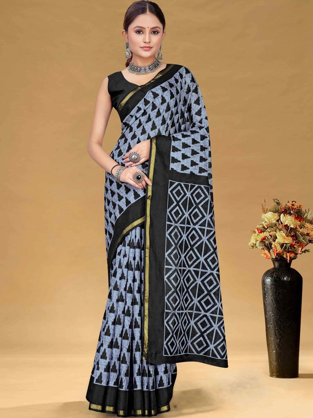 KALINI Floral Pure Cotton Fusion Block Print Saree - view 1