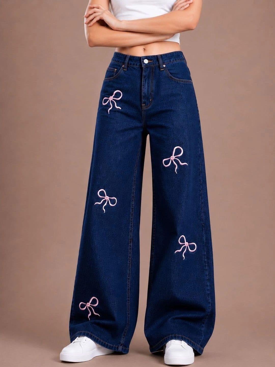 glitchez Women Comfort Wide Leg High-Rise Light Fade Embroidered Stretchable Jeans - view 1