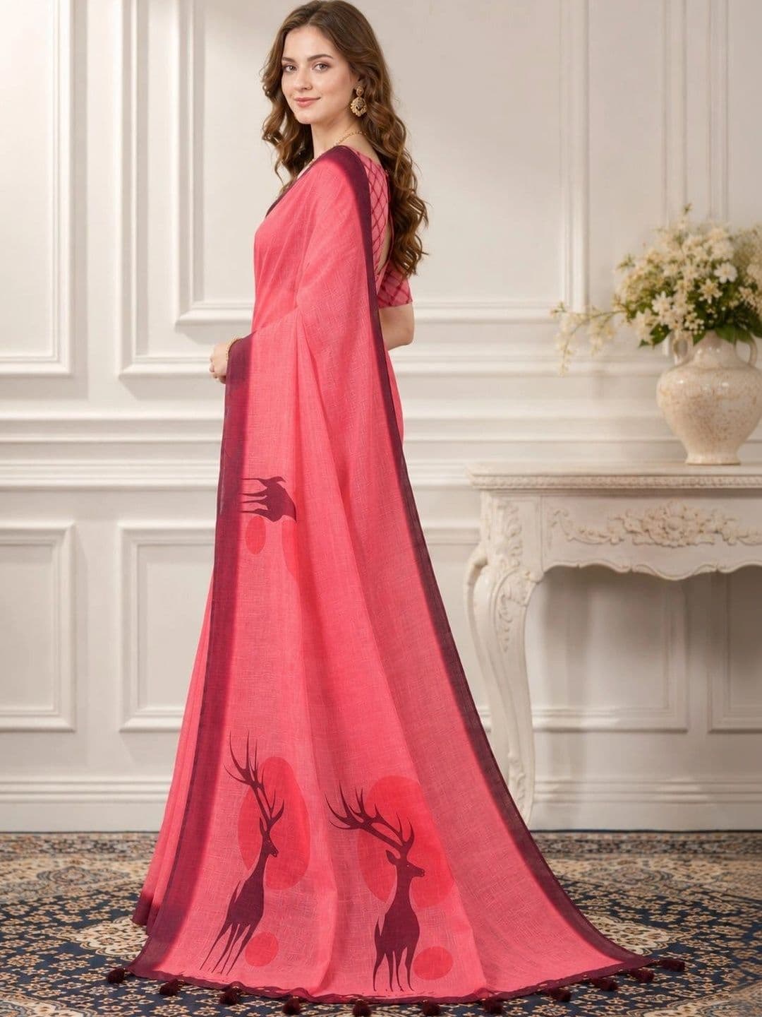 HERE&NOW Ethnic Motifs Zari Linen Blend Handloom Block Print Saree - view 1