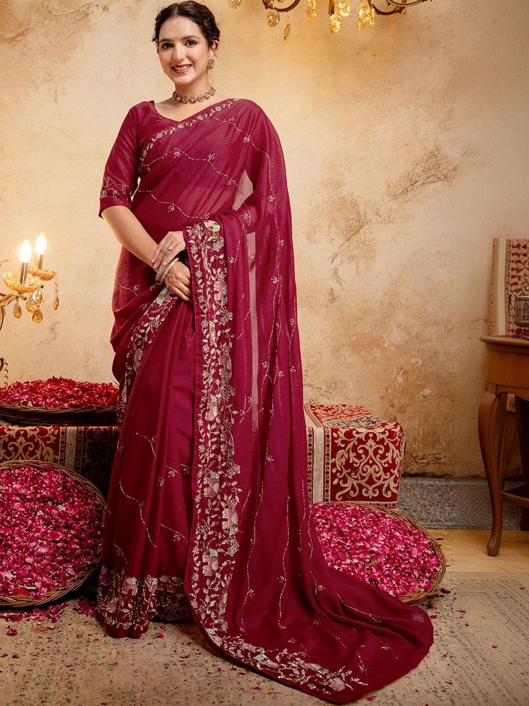 KALINI Floral Embroidered Poly Georgette Fusion Saree - view 1