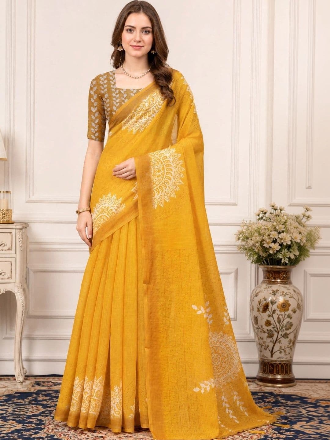 HERE&NOW Ethnic Motifs Zari Linen Blend Handloom Block Print Saree - view 1