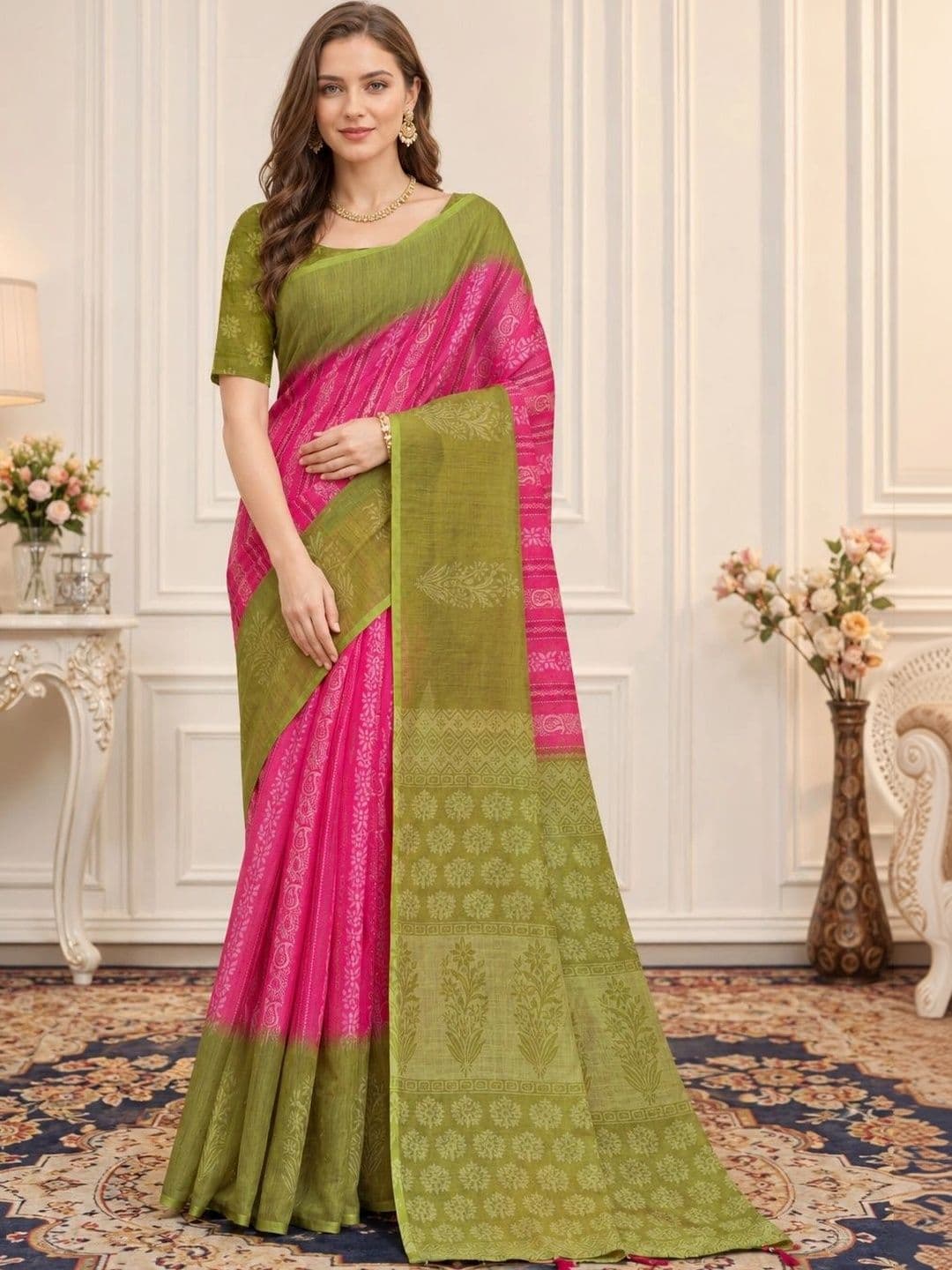 Mitera Floral Zari Linen Blend Handloom Block Print Saree - view 1