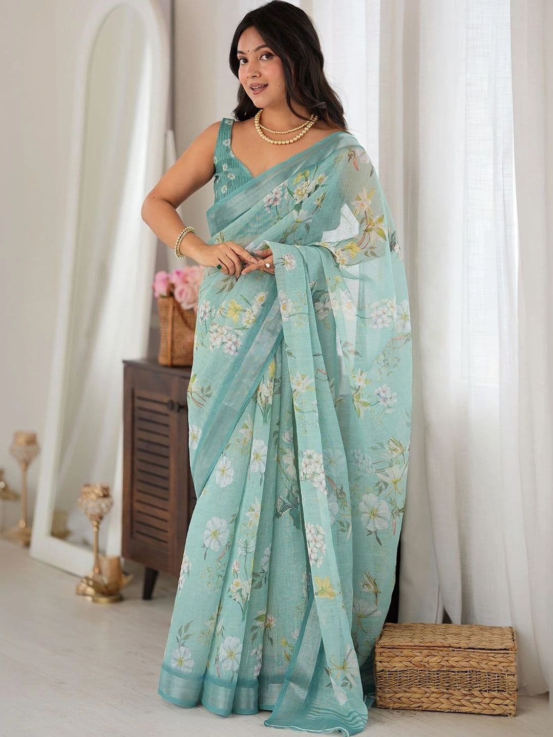 THREAD BOX Women's Sage Green Cotton Linen Floral Printed Saree with Blouse Piece - view 1