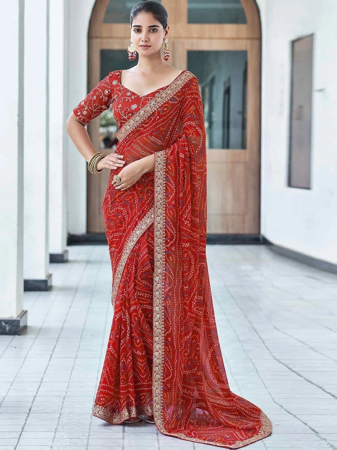 KALINI Bandhani Embroidered Pure Georgette Fusion Bandhani Saree - view 1